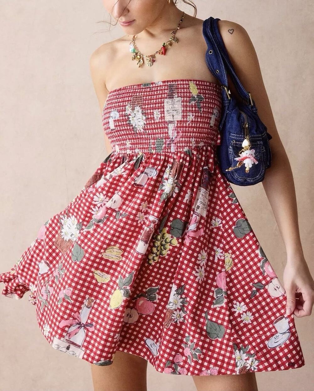 BDG Urban Outfitters Gingham Picnic Print Strapless Mini Dress XL Cottagecore